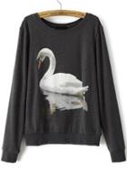 Romwe Swan Print Loose Grey Sweatshirt
