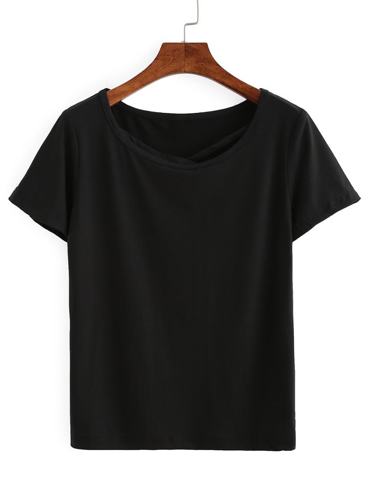 Romwe Strappy Neck T-shirt - Black