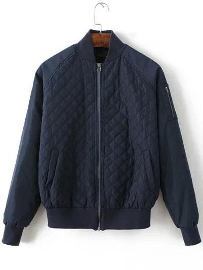 Romwe Navy Quilted Zipper Up Raglan Sleeve Bomber Jacket