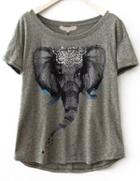 Romwe Dip Hem Elephant Print Grey T-shirt