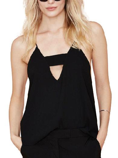 Romwe Cutout V-neck Chiffon Cami Top - Black