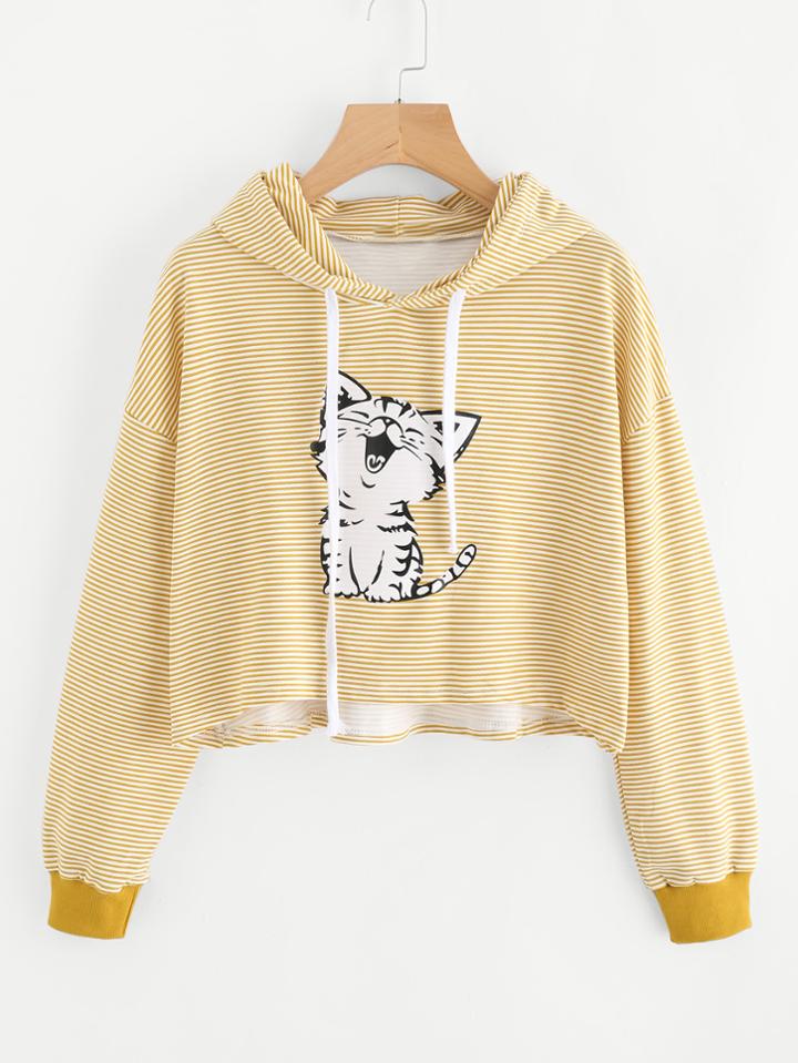 Romwe Cat Print Striped Hoodie