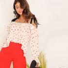 Romwe Heart Print Self Shoulder Foldover Front Top