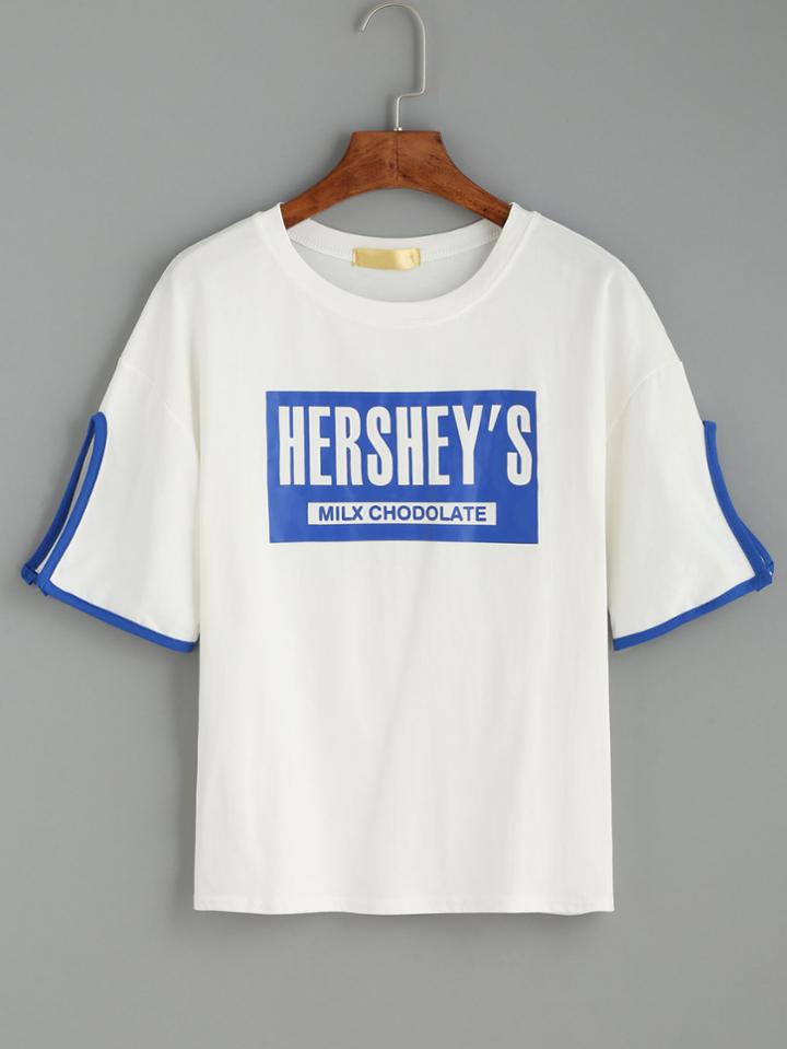 Romwe White Letter Print Contrast Trim Split T-shirt