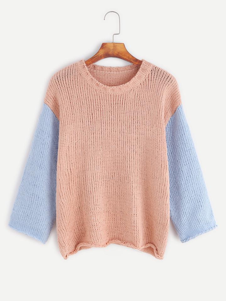 Romwe Pink Contrast Sleeve Dropped Shoulder Seam Sweater