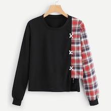 Romwe Plaid Panel Criss Cross Sweatshirt