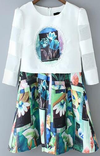 Romwe Round Neck Florals A-line Dress