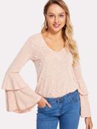 Romwe Pearl Embellished Layered Bell Sleeve Tee