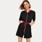 Romwe Zip Through Contrast Collar Knot Waist Dress