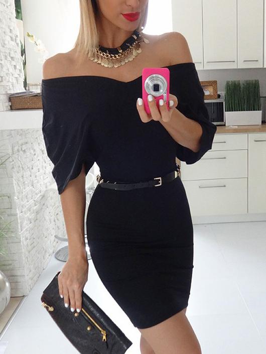 Romwe Black Off The Shoulder Dolman Sleeve Bodycon Dress