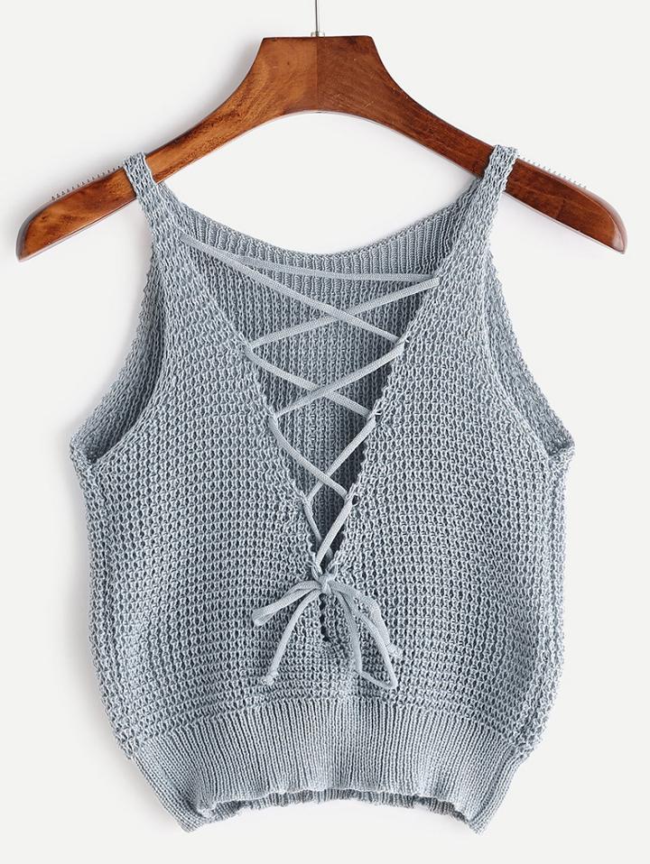 Romwe Lace-up Front Crochet Top