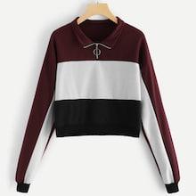 Romwe Zip Front Colorblock Sweatshirt