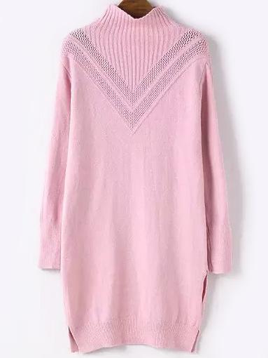 Romwe Polo Neck Dip Hem Eyelet Pink Sweater Dress