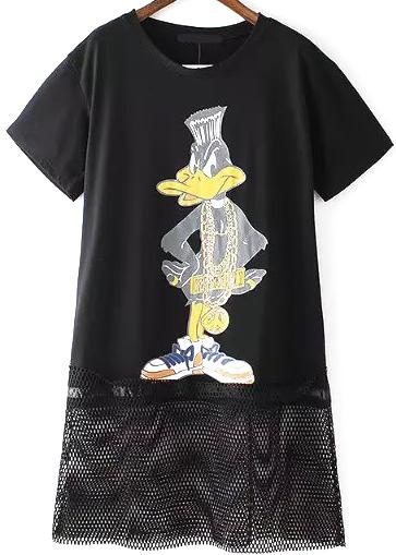 Romwe With Mesh Donald Duck Print Black Dress