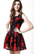 Romwe Sleeveless Mesh Red And Black Dress
