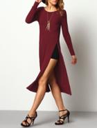 Romwe Burgundy Long Sleeve Split T-shirt