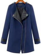 Romwe Zipper Woolen Long Blue Coat