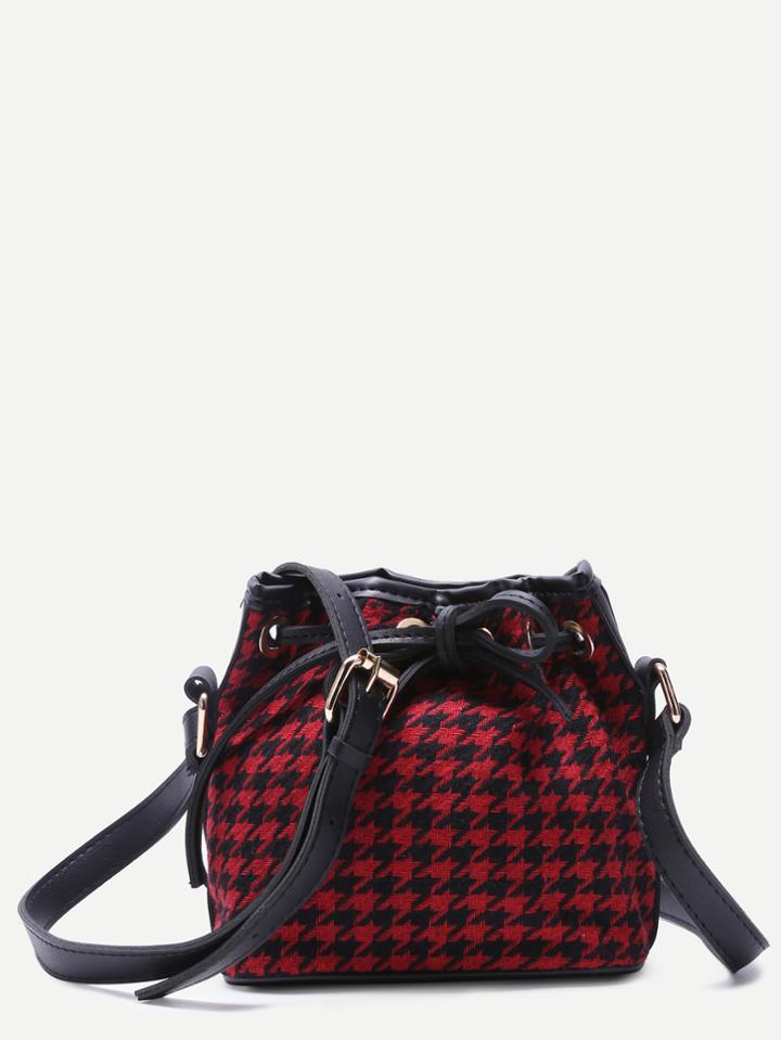 Romwe Red And Black Pu Trim Plover Case Plaid Drawstring Bucket Bag