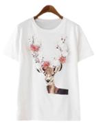 Romwe White Short Sleeve Studded Flowers Deer T-shirt