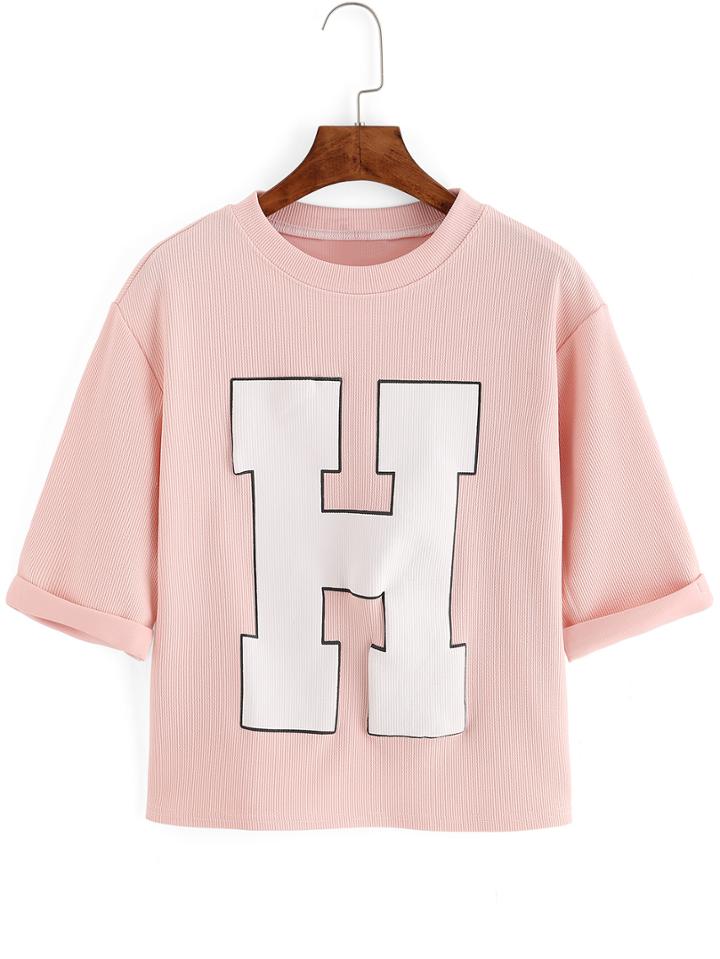 Romwe Letter Print Ribbed Pink T-shirt