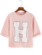 Romwe Letter Print Ribbed Pink T-shirt