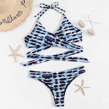 Romwe Wrap Halter Top With High-leg Bikini Set