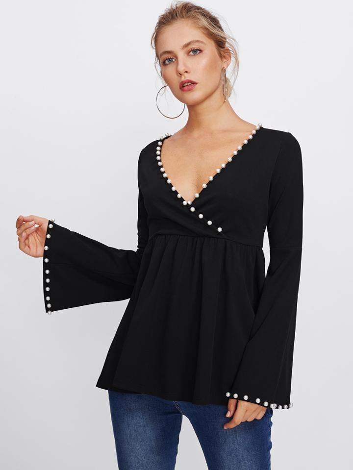 Romwe Bell Sleeve Pearl Beading Trim Surplice Peplum Top