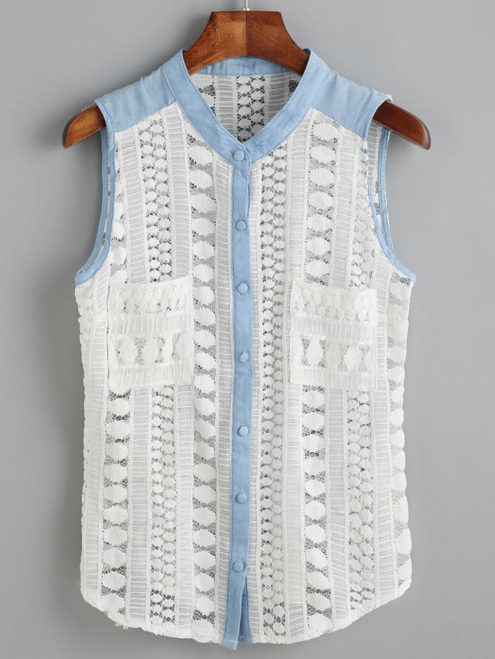Romwe White Sleeveless Crochet Lace Hollow Out Blouse