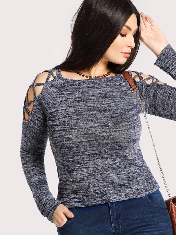 Romwe Crisscross Open Shoulder Space Dye T-shirt