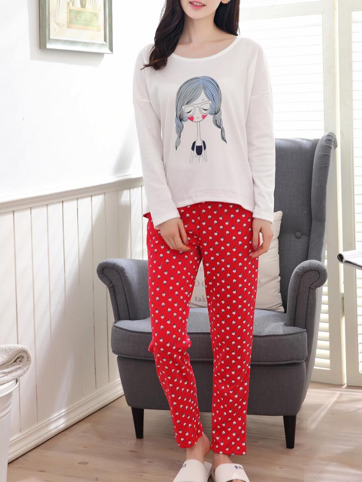 Romwe Cartoon Print Drop Shoulder Tee & Pants Pj Set