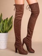 Romwe Khaki Faux Suede High Heel Thigh High Boots