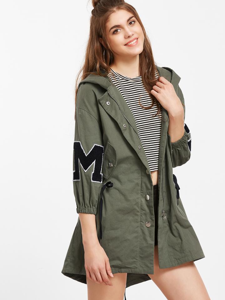 Romwe Army Green Letter Print Hooded Drawstring Coat