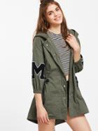 Romwe Army Green Letter Print Hooded Drawstring Coat
