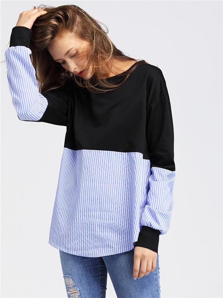 Romwe Contrast Striped Drop Shoulder Pullover