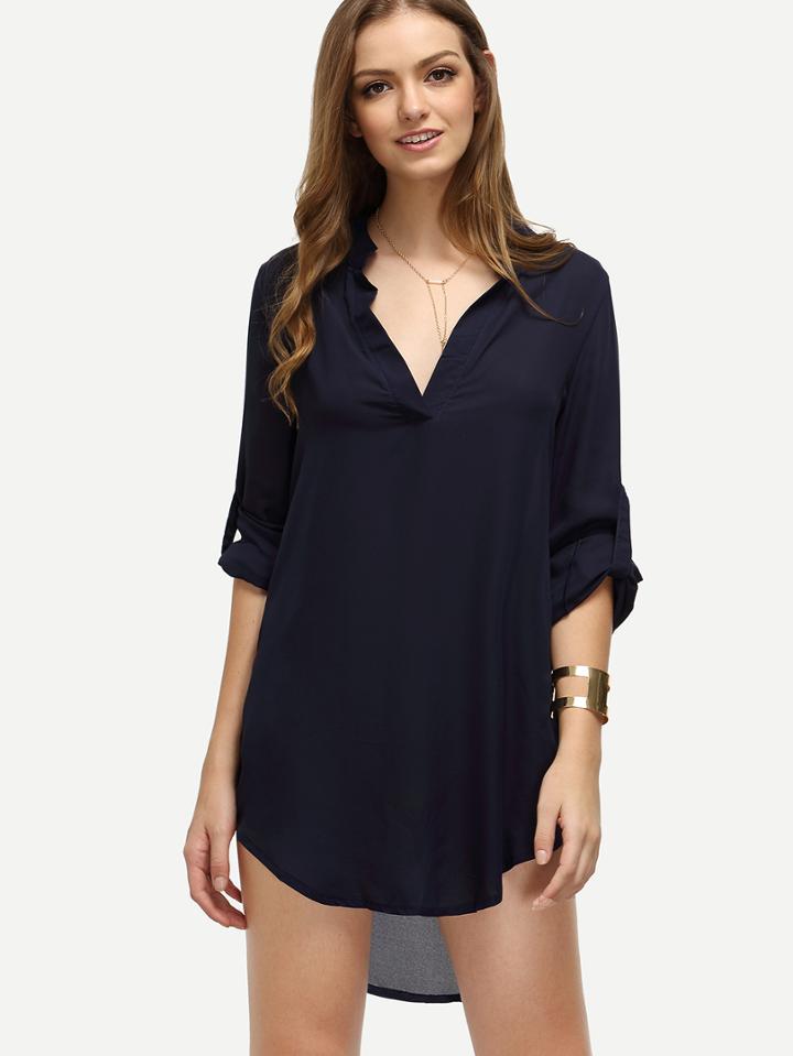 Romwe Navy V Neck High Low Chiffon Shirt Dress
