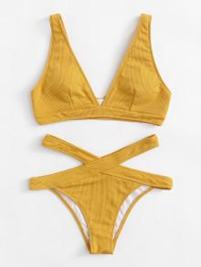 Romwe Crisscross Solid Ribbed Knit Bikini Set