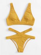 Romwe Crisscross Solid Ribbed Knit Bikini Set