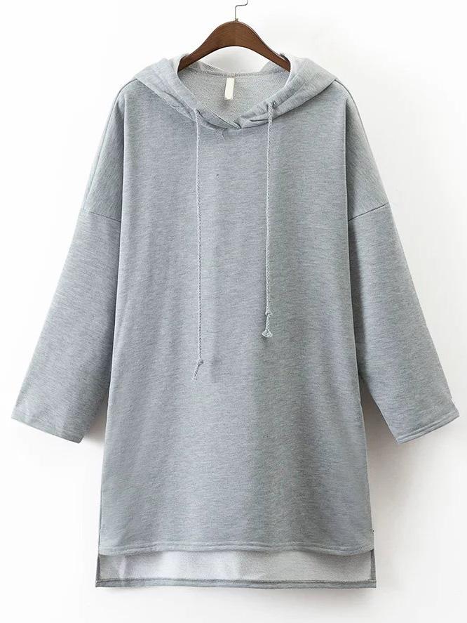 Romwe Grey Drawstring Hooded Dip Hem Sweatshirt