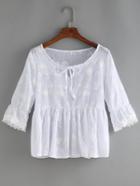 Romwe White Lace Trimmed Embroidery Peplum Blouse