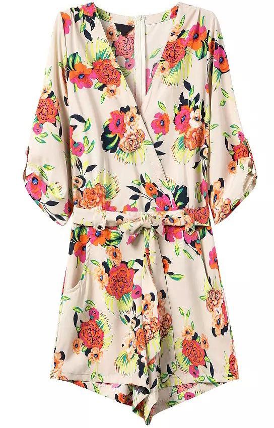 Romwe Deep V Neck With Belt Florals Jumpsuit