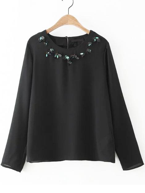 Romwe Chiffon Beaded Black Shirt