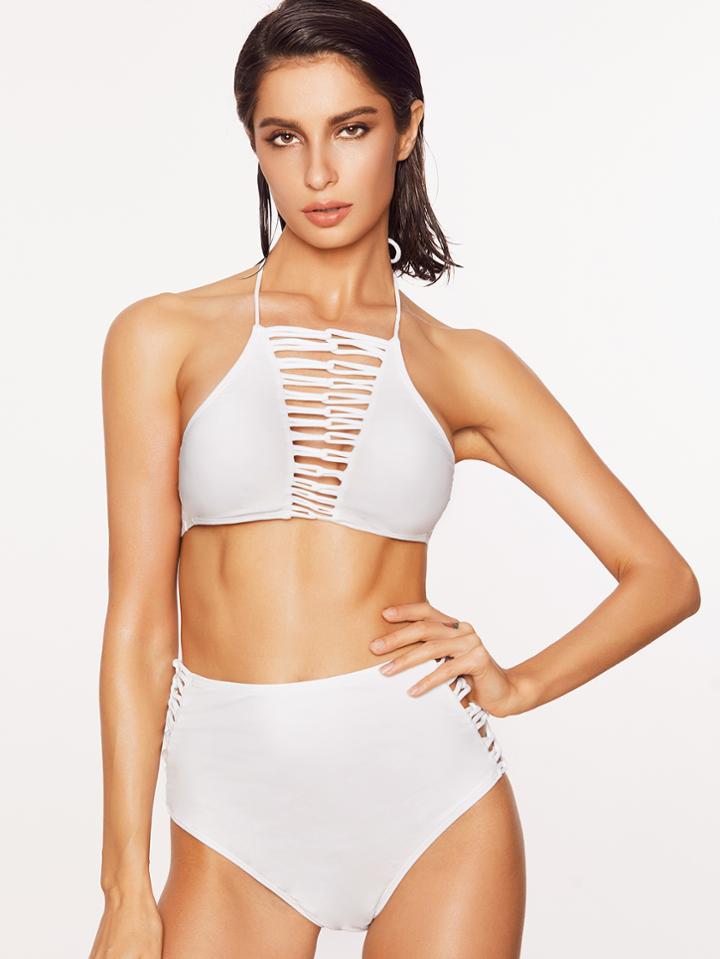 Romwe White Ladder Cutout High Waist Halter Bikini Set