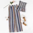 Romwe Ruffle Hem Striped Tube Top With Pants