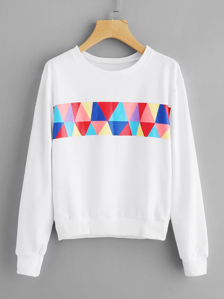 Romwe Geo Print Ribbed Trim Sweatshirt