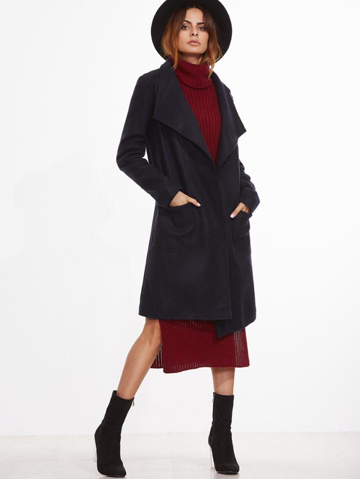 Romwe Navy Shawl Collar Coat With Pockets