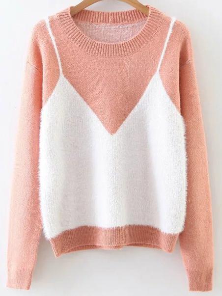 Romwe Pink Graphic Pattern Ribbed Sweater