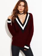 Romwe Striped Trim Plunge Neck Jumper