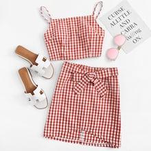 Romwe Gingham Cami With Tie Detail Skirt