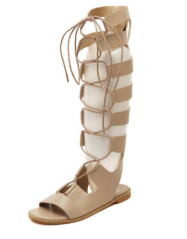 Romwe Khaki Lace Up Tall Flat Sandals