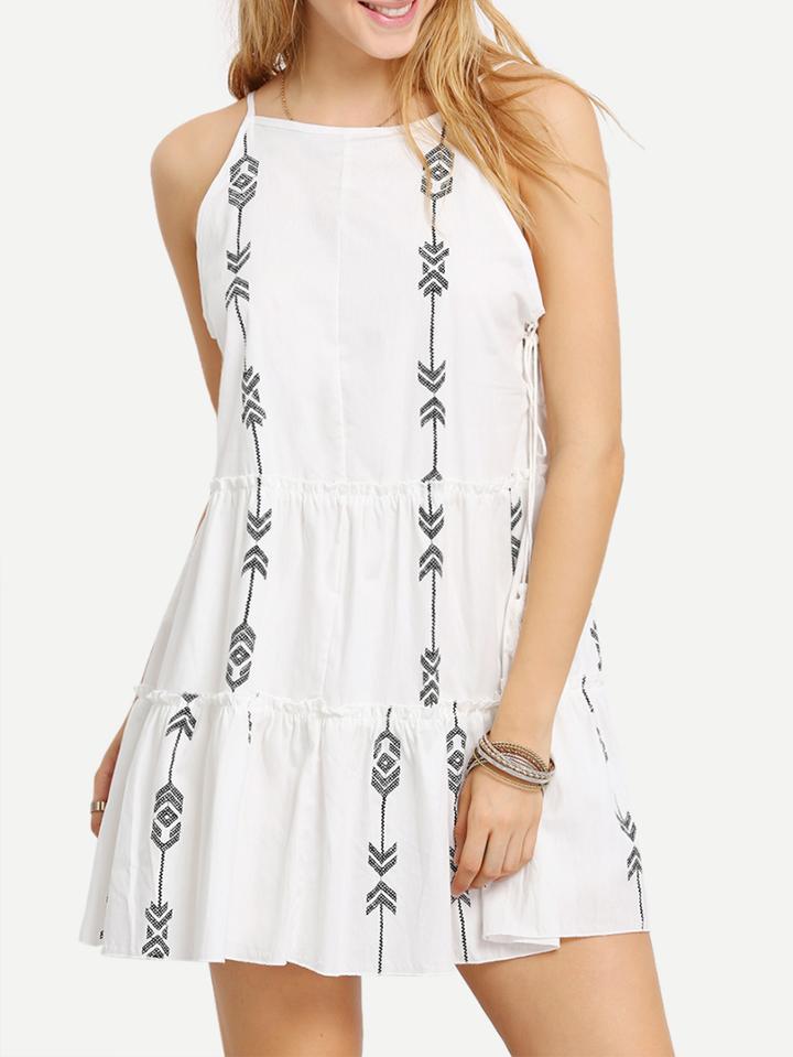 Romwe White Black Print Lace Up Side Spaghetti Strap Dress